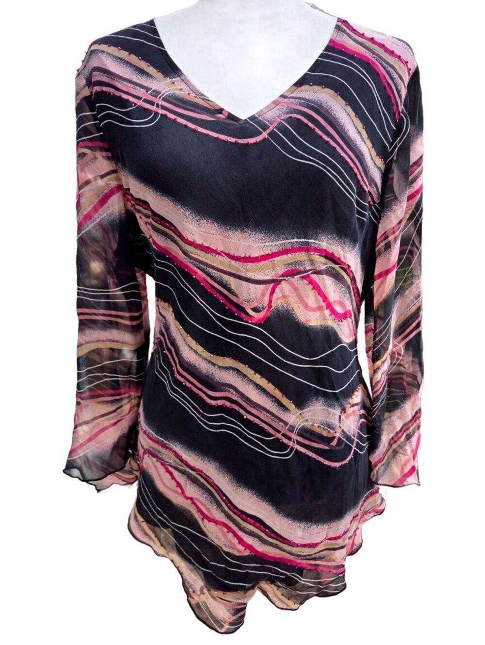 Y2K Fairycore Sheer Vintage 90s Whimsigoth Wave Print Bell Sleeve Blouse Top